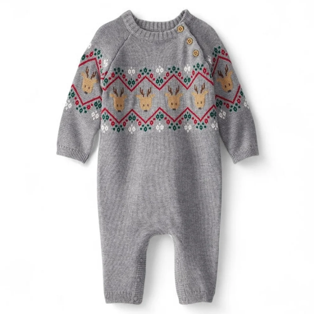 Carter's Fair Isle Gray Reindeer Long Sleeve Infant Jumpsuit 24 Months